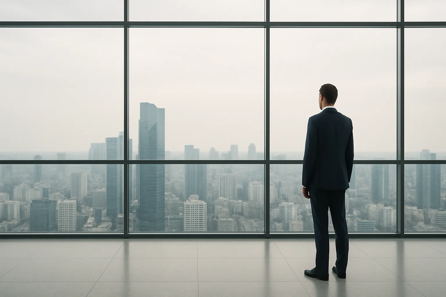 Homme en costume de dos regardant un paysage urbain représentant la finance