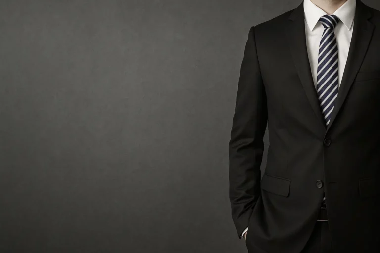 Costume sur fond noir avec cravate rayée